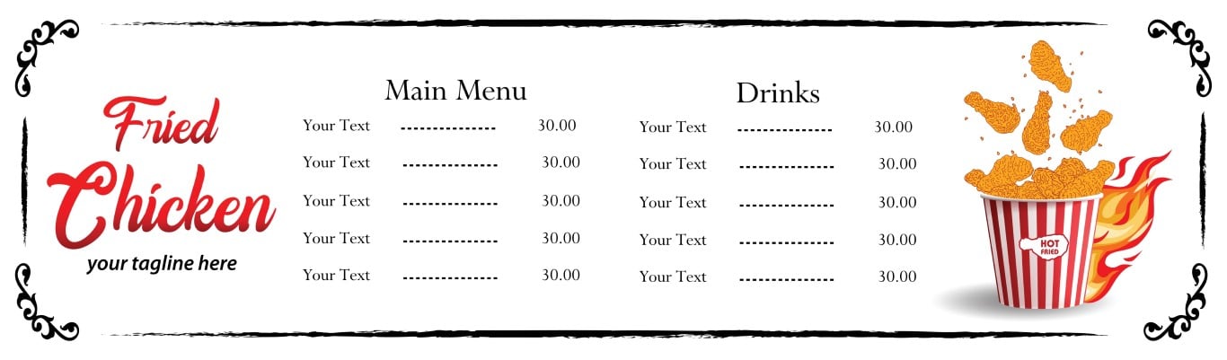 Horizontal fried chicken restaurant menu card with main menu and drinks sections on white background.