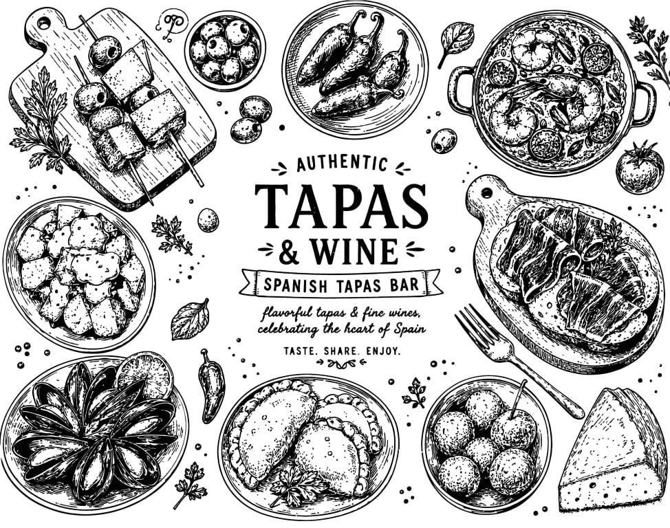 Authentic spanish tapas and wine bar menu border with traditional dishes.