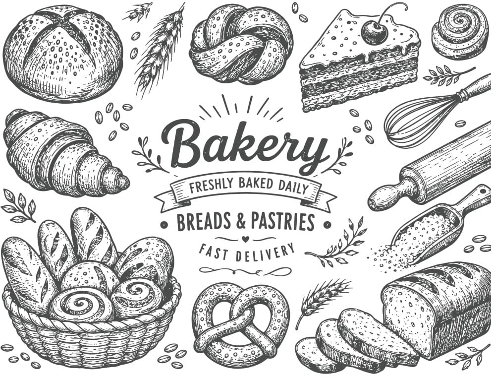 Traditional bakery freshly baked breads and pastries assortment layout.