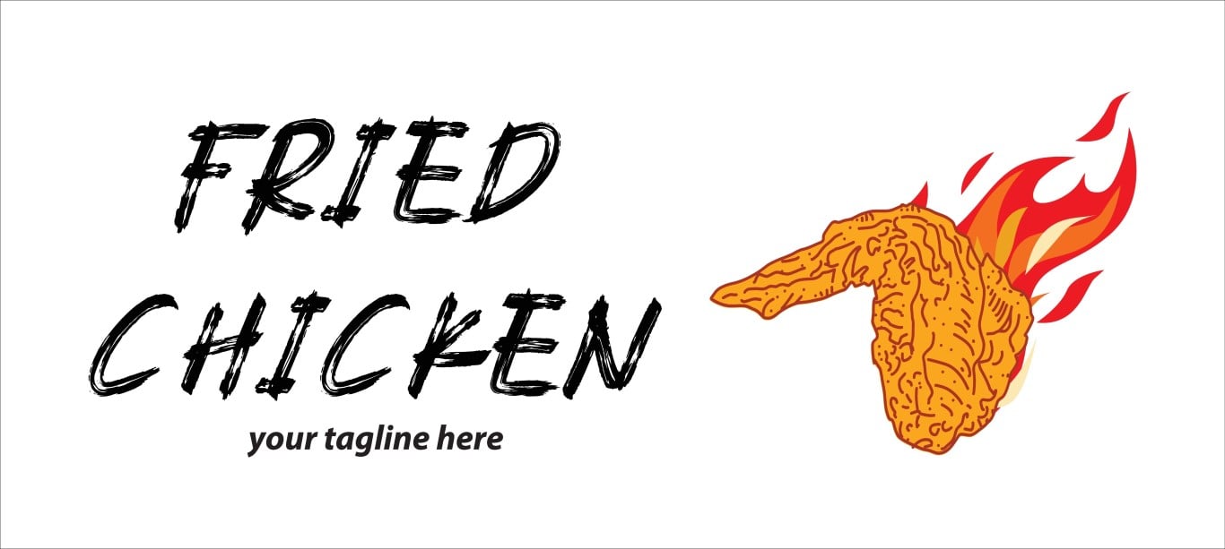 Fried chicken wing logo with flame illustration and handwritten text on white background.