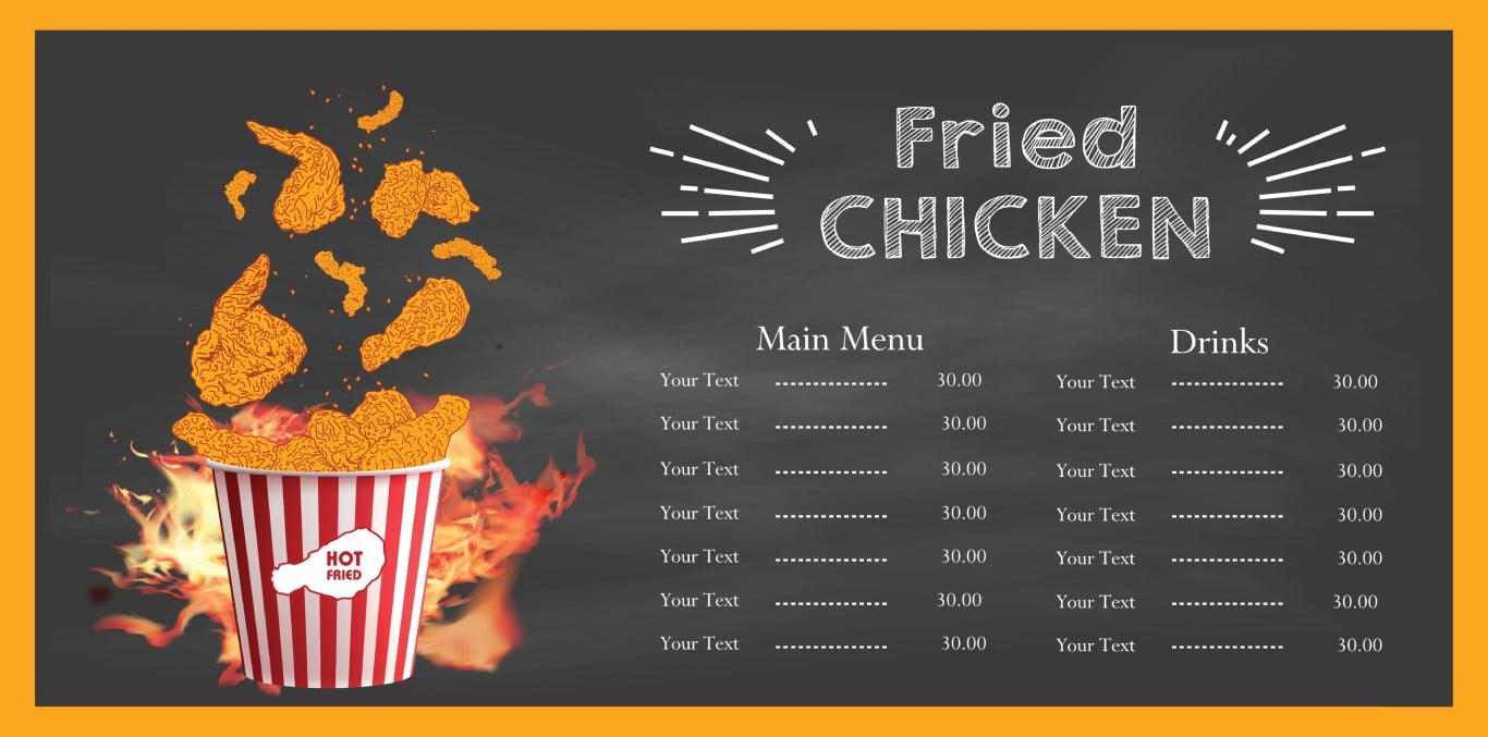 Fried chicken restaurant menu banner on dark chalkboard background with bucket and main dishes columns.