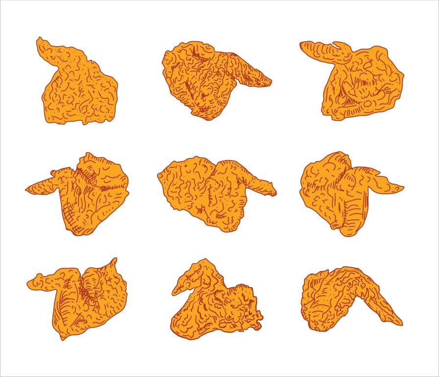 Set of nine hand-drawn crispy fried chicken wing pieces in orange outline style on white background.