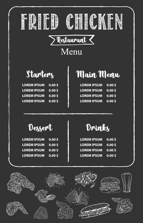 Fried chicken restaurant full menu on dark chalkboard background with starters, main, dessert and drinks.