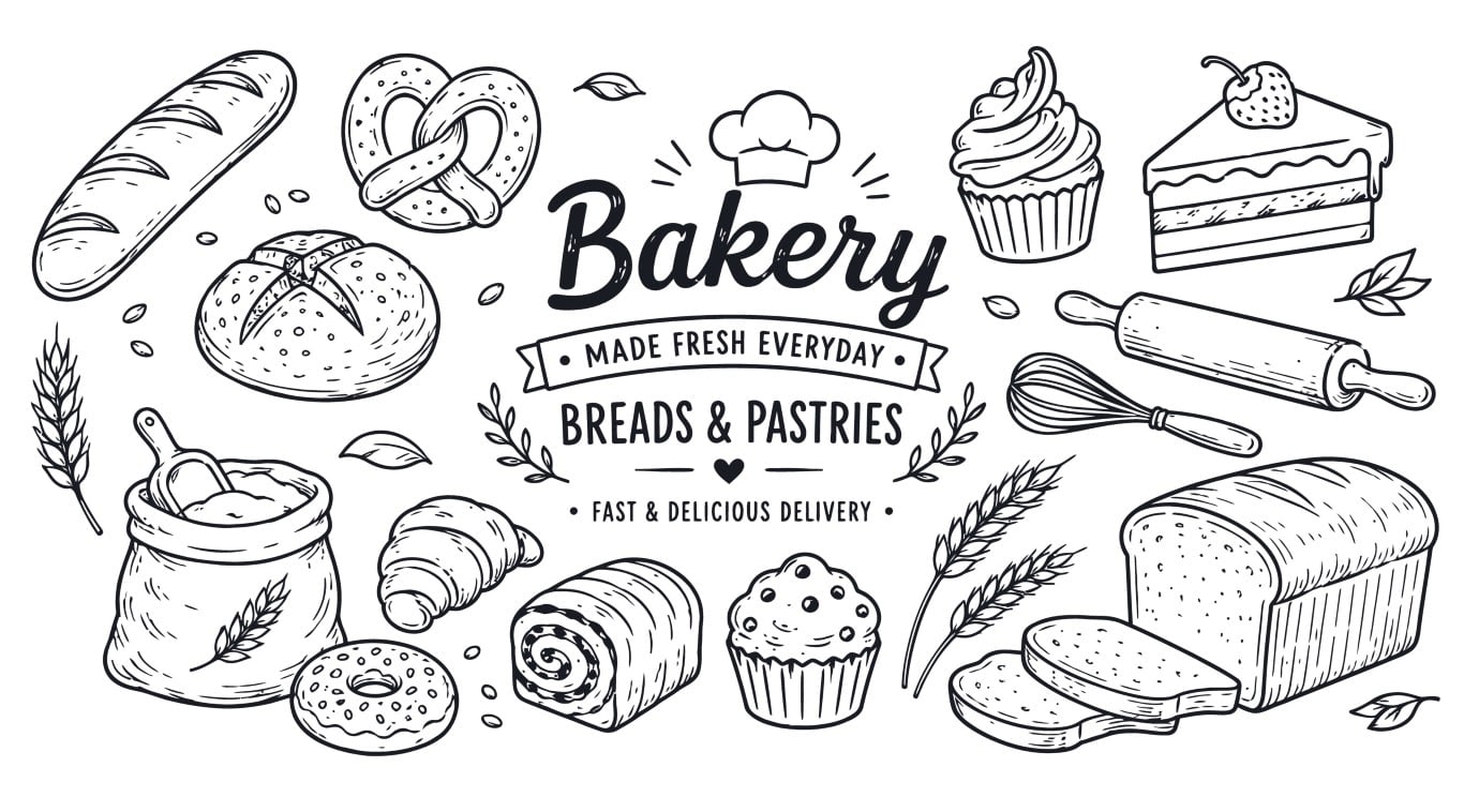 Assorted fresh bread and sweet pastries elements hand drawn set.