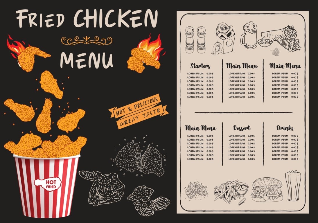 Fried chicken restaurant menu template with dark and kraft paper dual layout design.