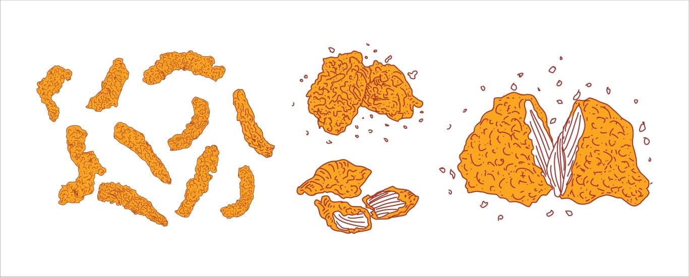 Set of fried chicken strips, nuggets and open pieces in orange line drawing style on white background.