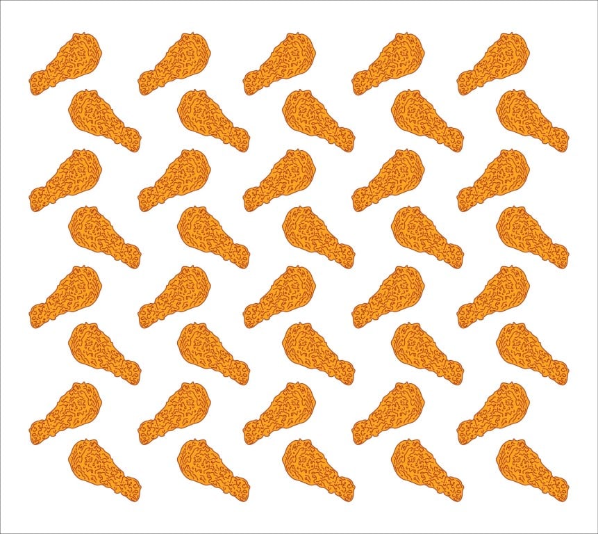 Seamless repeat pattern of orange fried chicken drumstick pieces on white background.