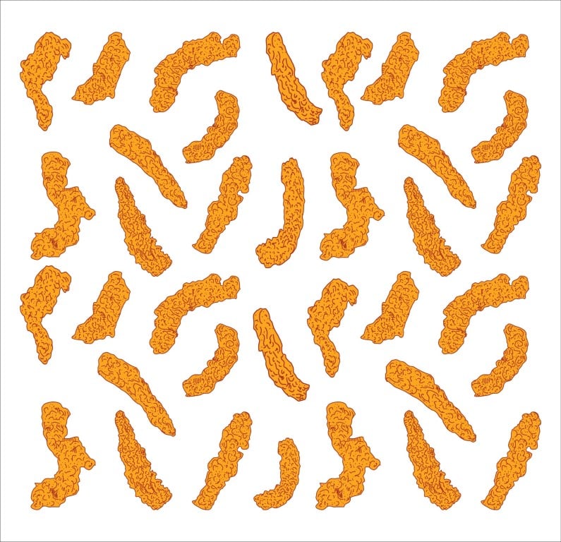 Seamless repeat pattern of orange fried chicken tenders and strips on white background.