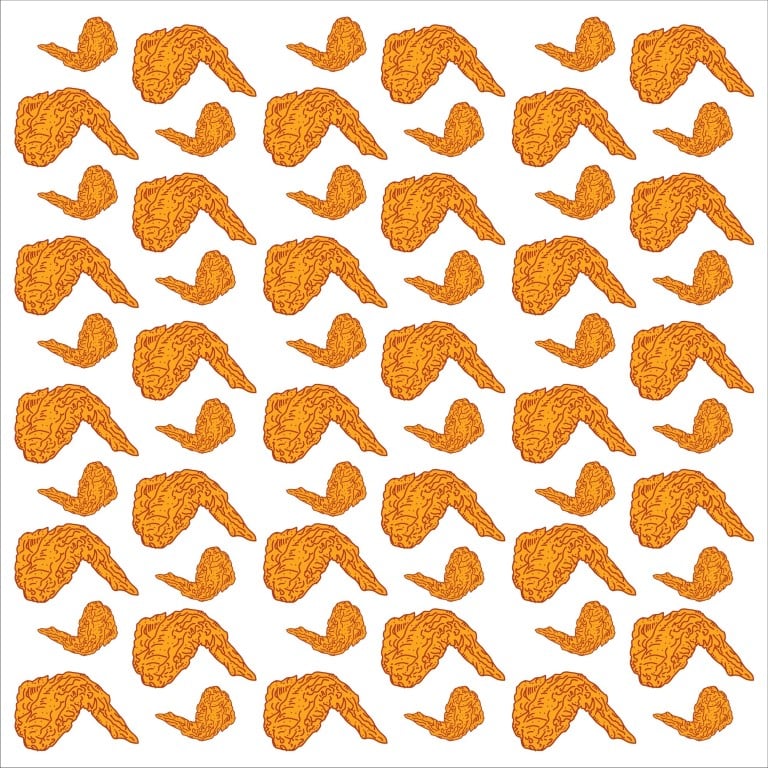 Seamless repeat pattern of orange fried chicken wing pieces on white background.