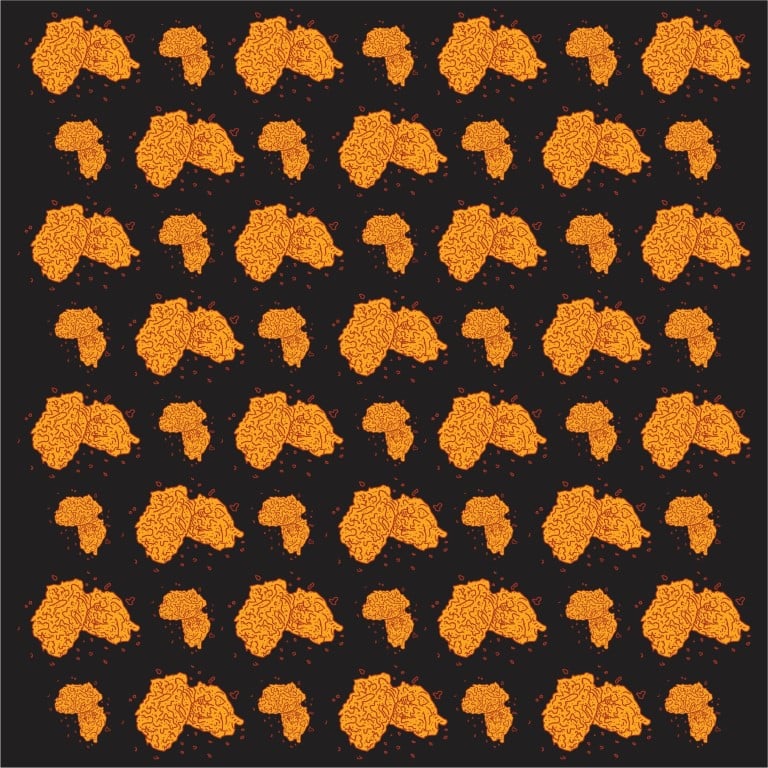 Seamless repeat pattern of orange fried chicken pieces on dark background.