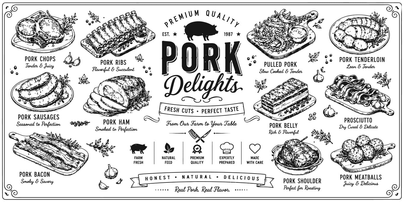 Premium quality pork delights fresh cuts food elements hand drawn set.