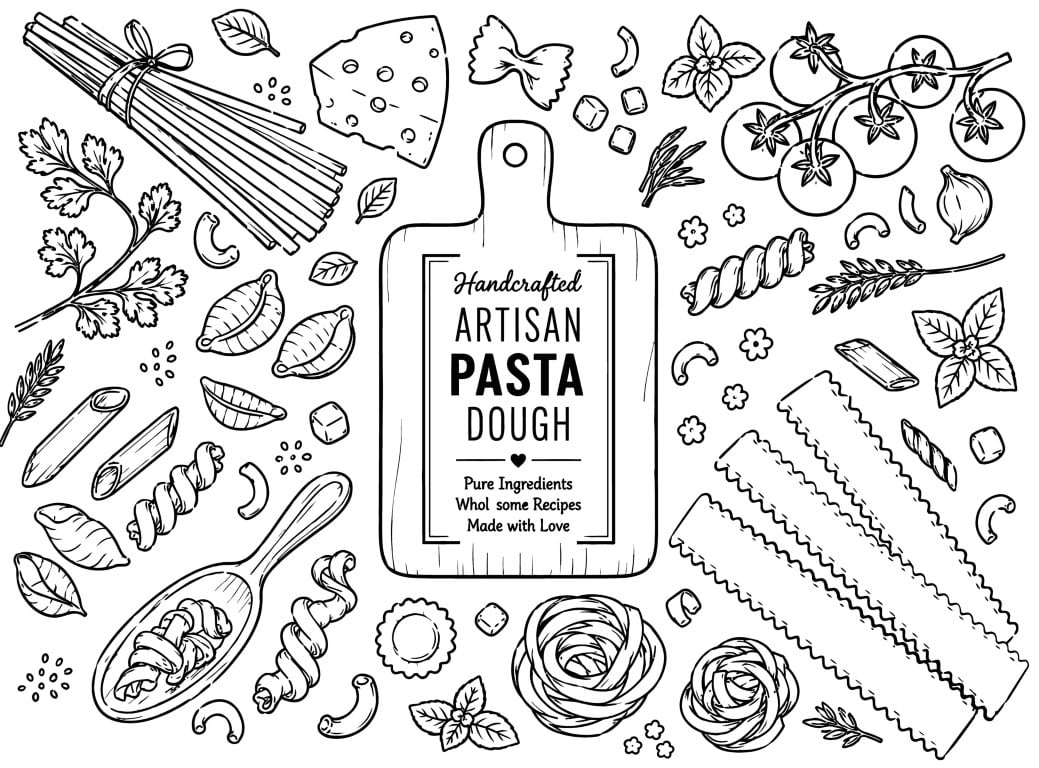 Handcrafted artisan pasta dough and italian ingredients elements hand drawn set.