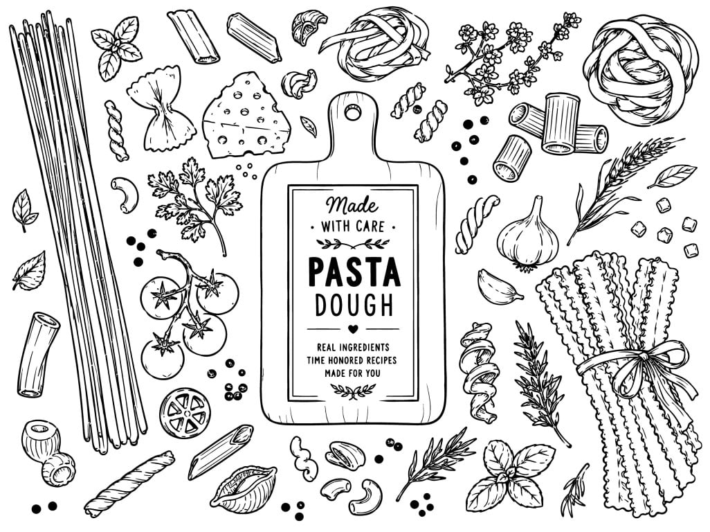 Hand drawn collection of standard pasta dough ingredients and culinary elements.