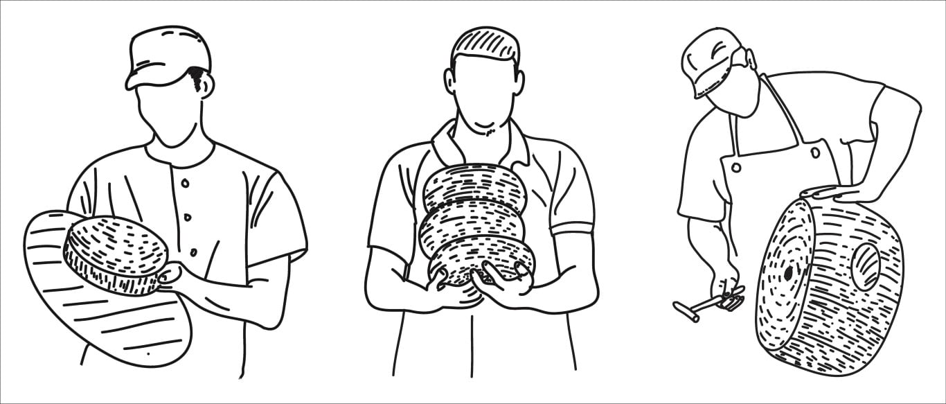 Three bakery workers in uniform holding bread loaves and using tools in line drawing style.