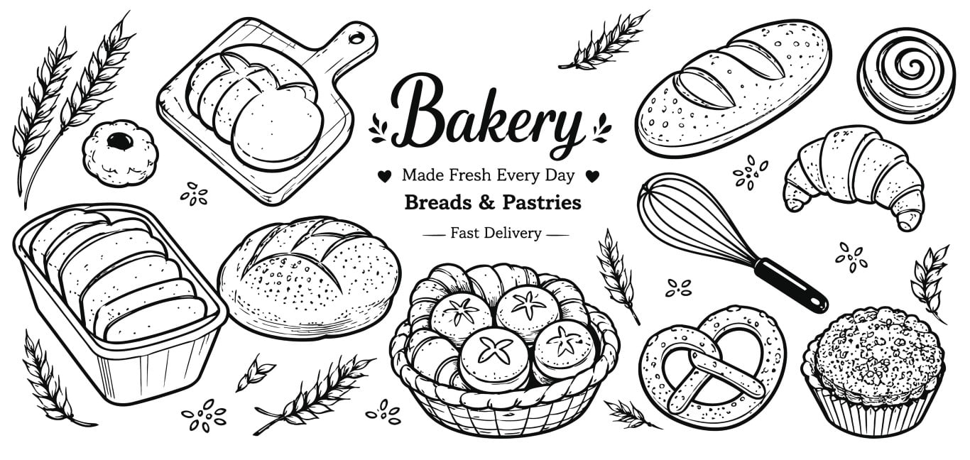 Traditional bakery assortment of fresh breads and delicious morning pastries.