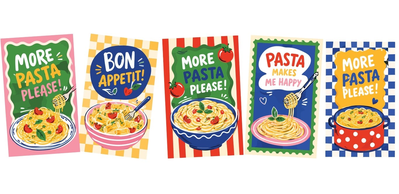 Italian pasta restaurant banners set with cheerful typography and appetizing plates.