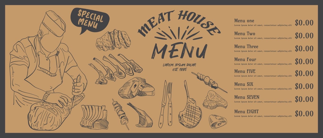 Meat house restaurant menu template on kraft paper background with butcher and meat illustrations.