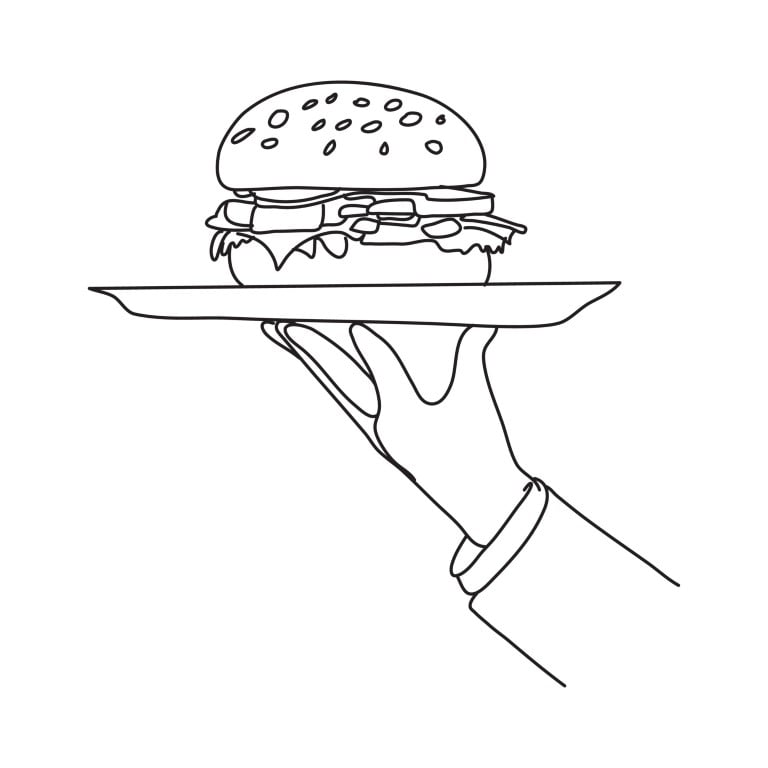 Waiter hand serving a burger on a tray in continuous single line drawing style on white background.