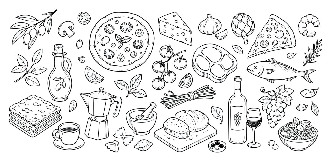 Mediterranean Diet Food Hand Drawn Element Collection.