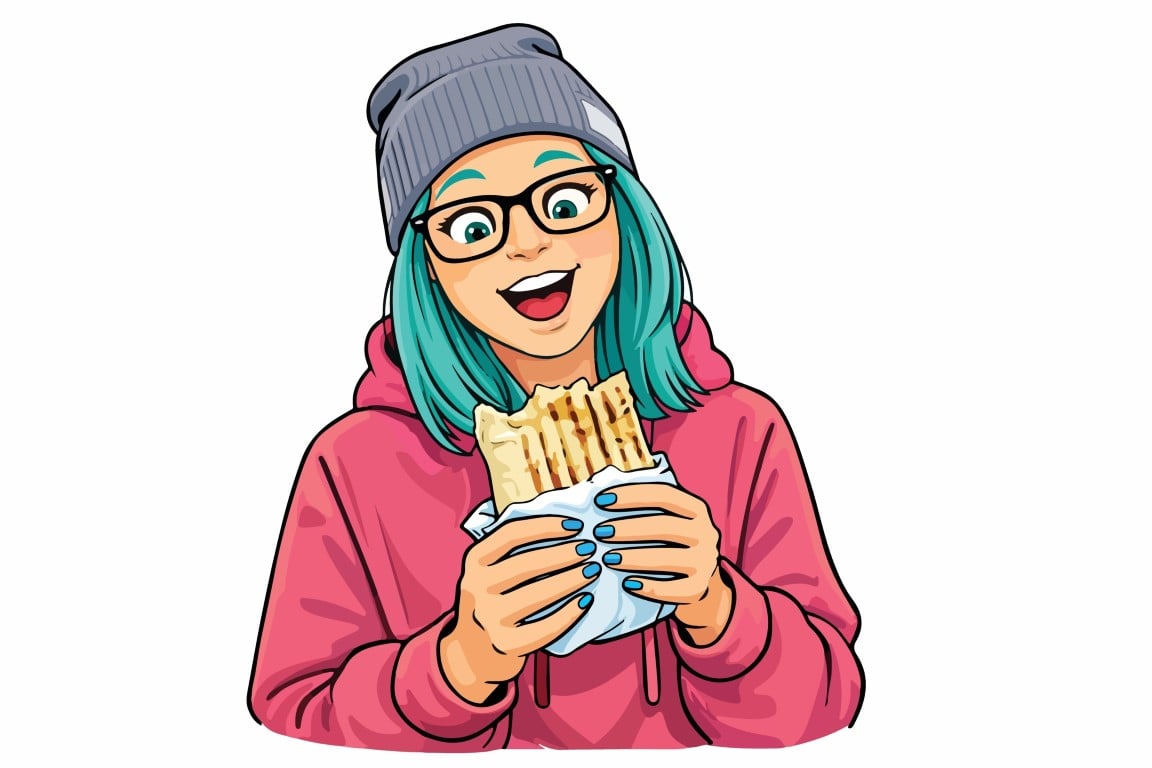 Excited young woman with glasses holding a shawarma wrap ready to eat on white background.