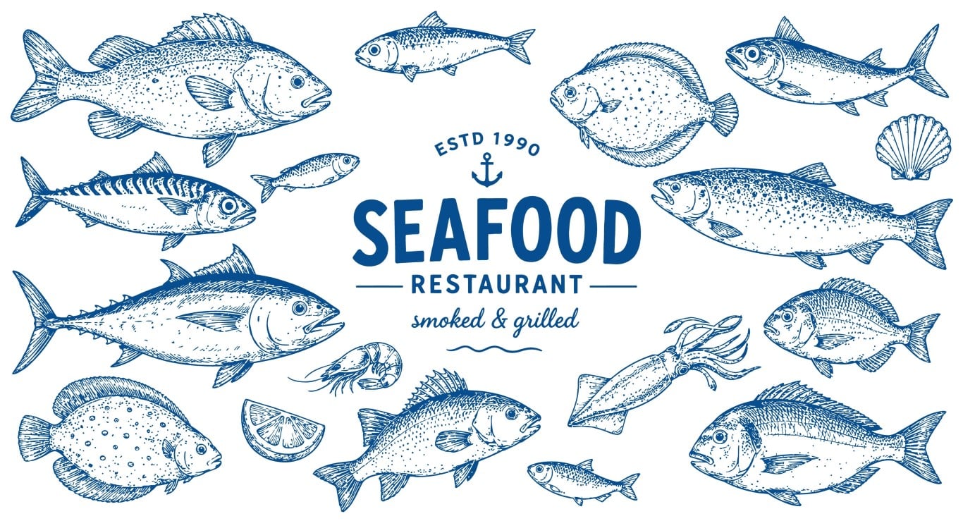 Seafood Restaurant Monochromatic Fish and Marine Life Elements.