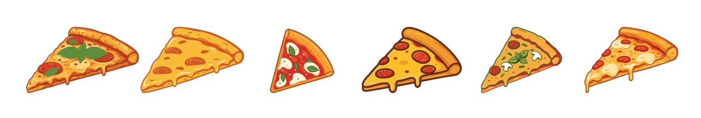 Set of six assorted pizza slices with melted cheese and colorful toppings in a horizontal arrangement on white background.
