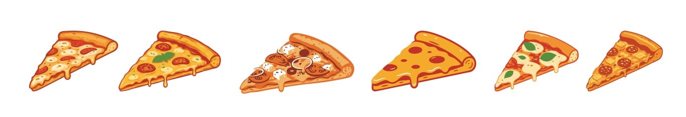 Six varied pizza slices with different toppings including mushrooms, onions, tomatoes and pepperoni arranged in a horizontal row.