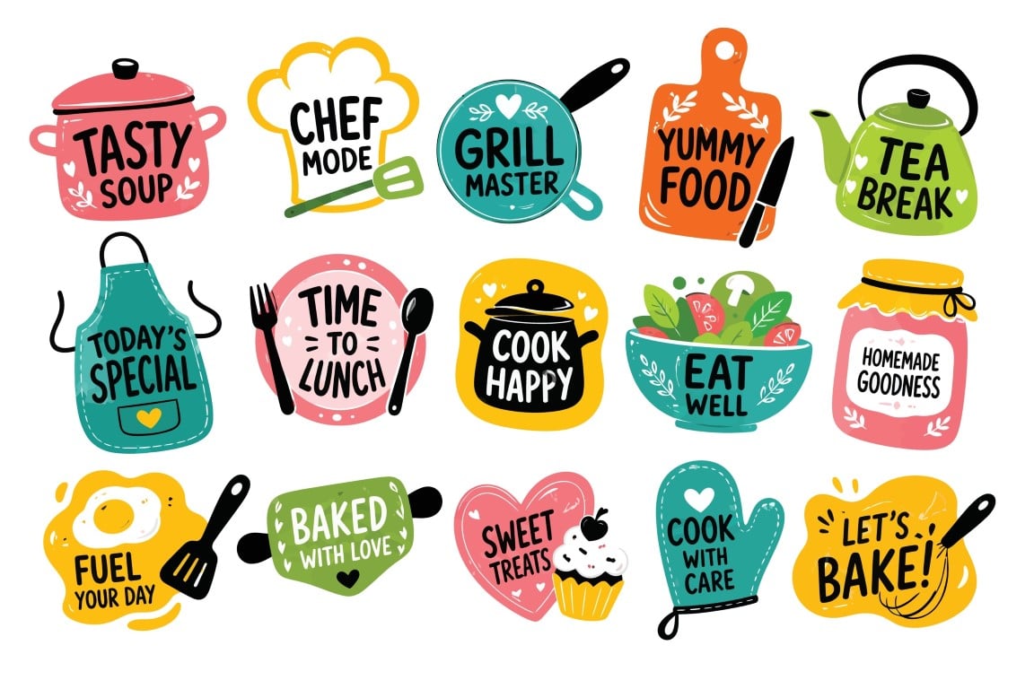 Time To Lunch And Homemade Goodness Cute Graphic Sticker Set.
