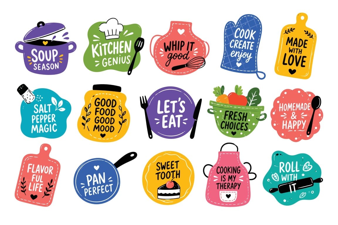 Large collection of colorful hand drawn cooking and kitchen badges.