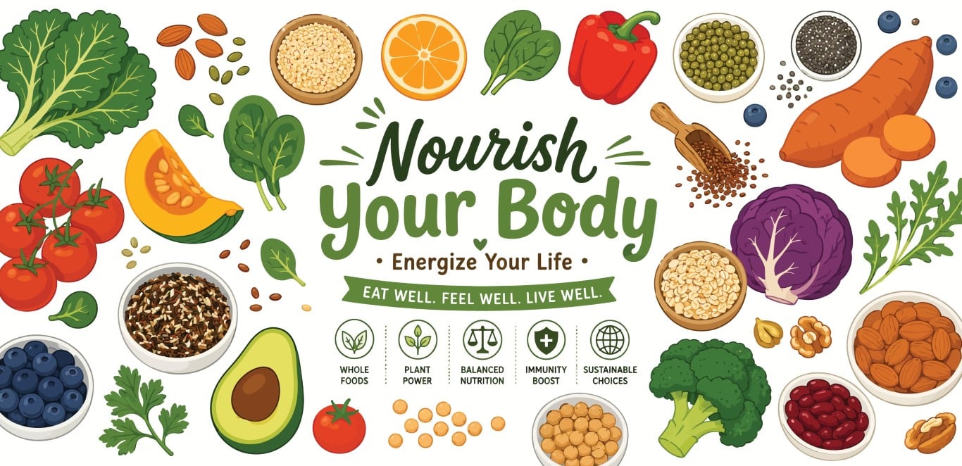 Nourish your body banner layout with healthy wholesome raw food elements.