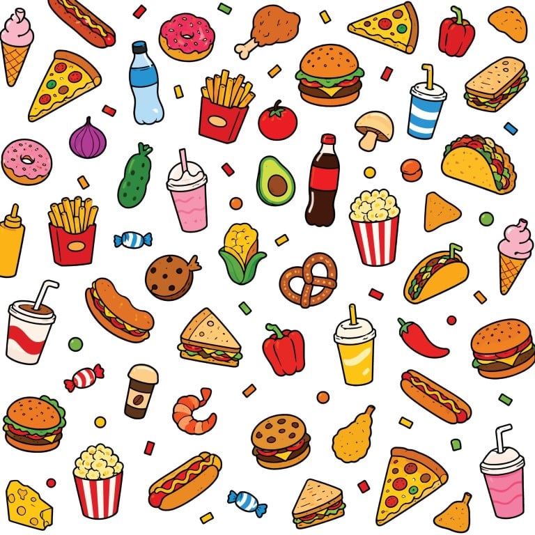 Delicious fast food treats and snack seamless pattern background.