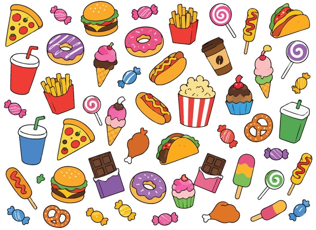Sweet desserts and savory fast food colorful seamless background pattern.