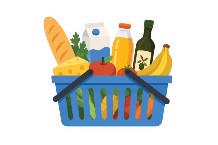 Blue shopping basket filled with fresh groceries and produce.