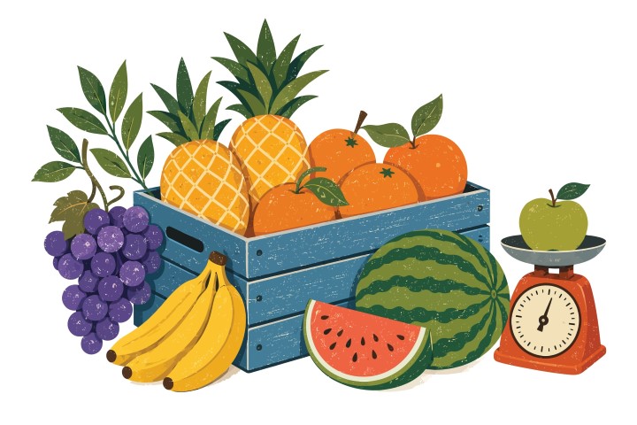 Wooden crate filled with fresh fruits and vintage kitchen scale.