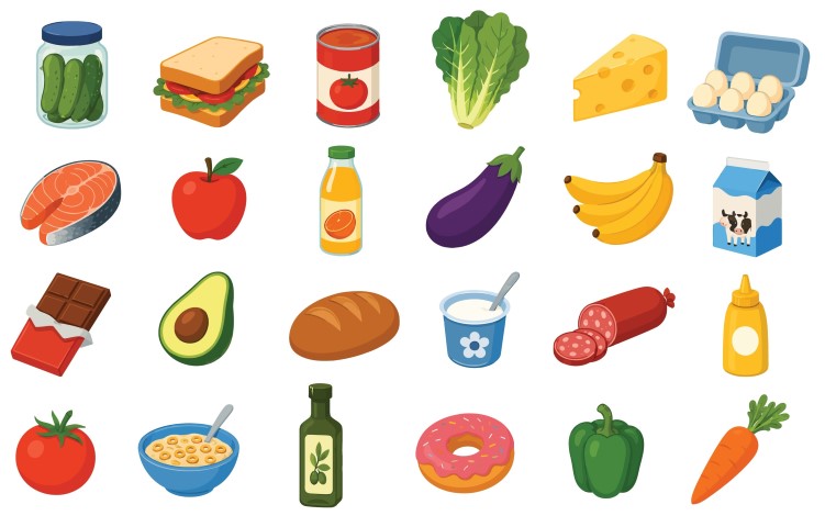 Comprehensive set of various everyday grocery food items icons.