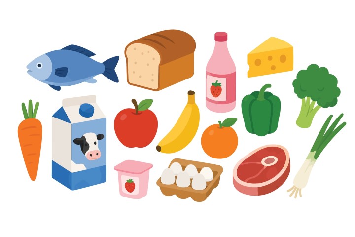 Assorted fresh healthy food ingredients set on white background.
