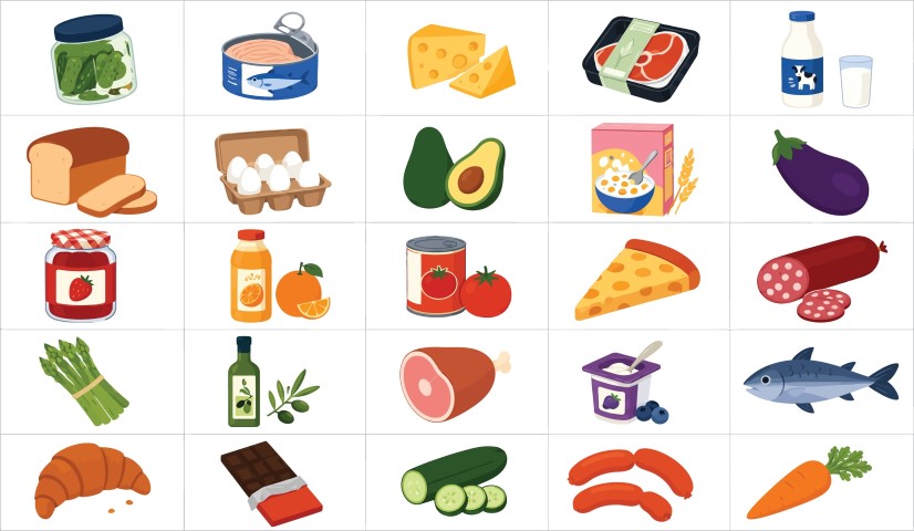 Various food and grocery items set in grid layout.