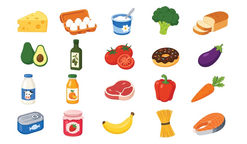Healthy food items and daily kitchen ingredients collection.