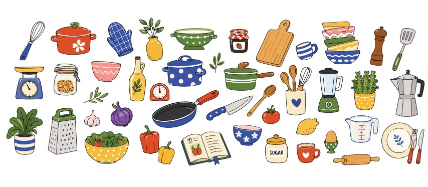 Kitchen utensils cookware and food preparation elements set.