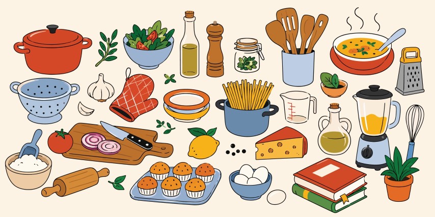 Kitchen cooking equipment utensils and fresh ingredients set.