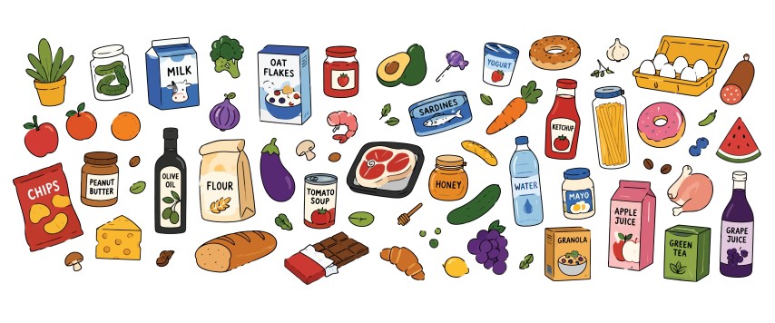 Huge collection of hand drawn grocery food and drink items.