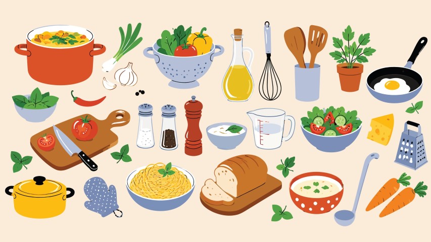 Domestic culinary preparation set with fresh produce and utensils.