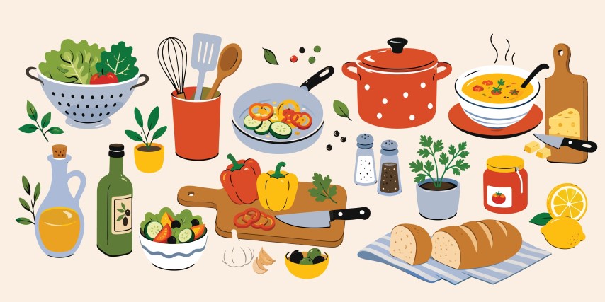 Fresh home cooking ingredients and kitchen cookware tools set.