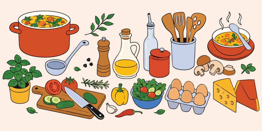 Homemade vegetable soup ingredients and cooking essentials set.