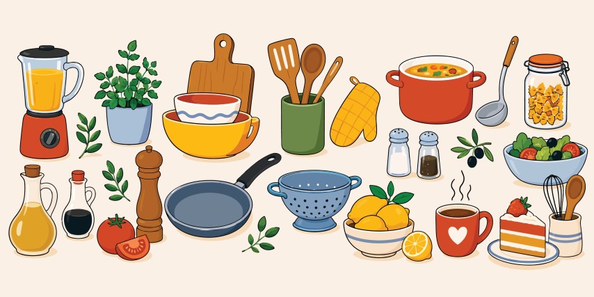 Kitchen appliances and cooking utensils collection with food items.