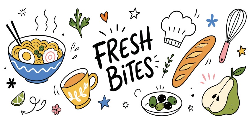 Fresh bites food banner with noodle bowl baguette tea cup and fruit.