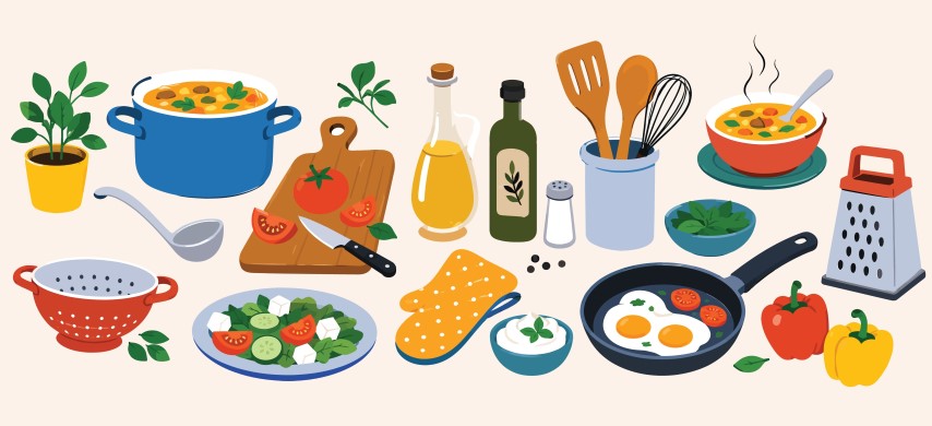 Kitchen cooking concept with fresh salad soup and cooking tools.