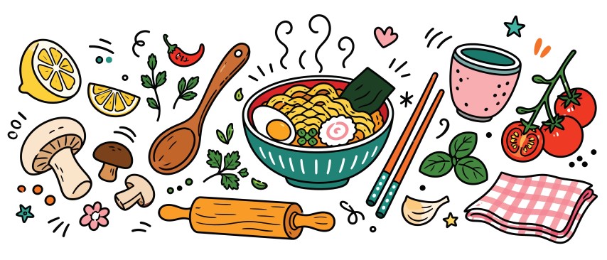 Asian hot ramen noodles soup set with cooking ingredients and spices.