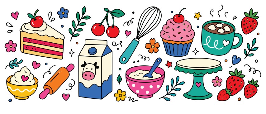Sweet Dessert Baking Ingredients and Hot Beverage Collection.