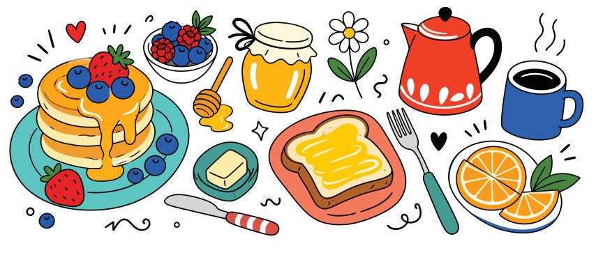 Delicious breakfast set with pancakes toast berries coffee and honey.